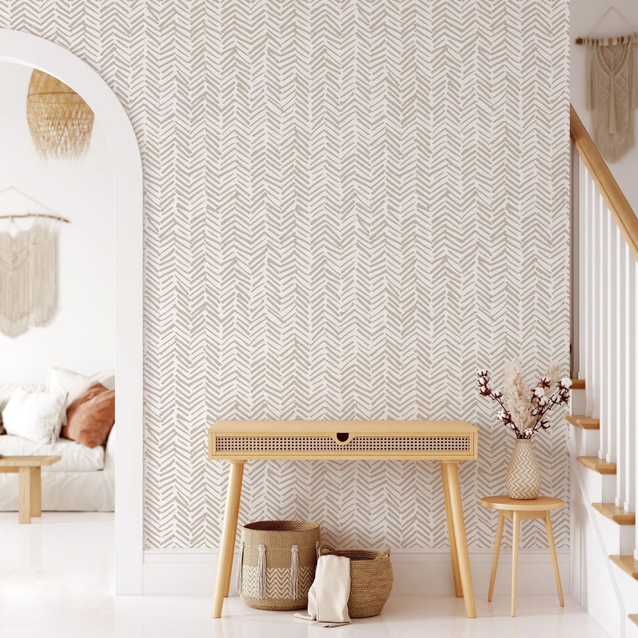 Beige Terracotta Herringbone Wallpaper