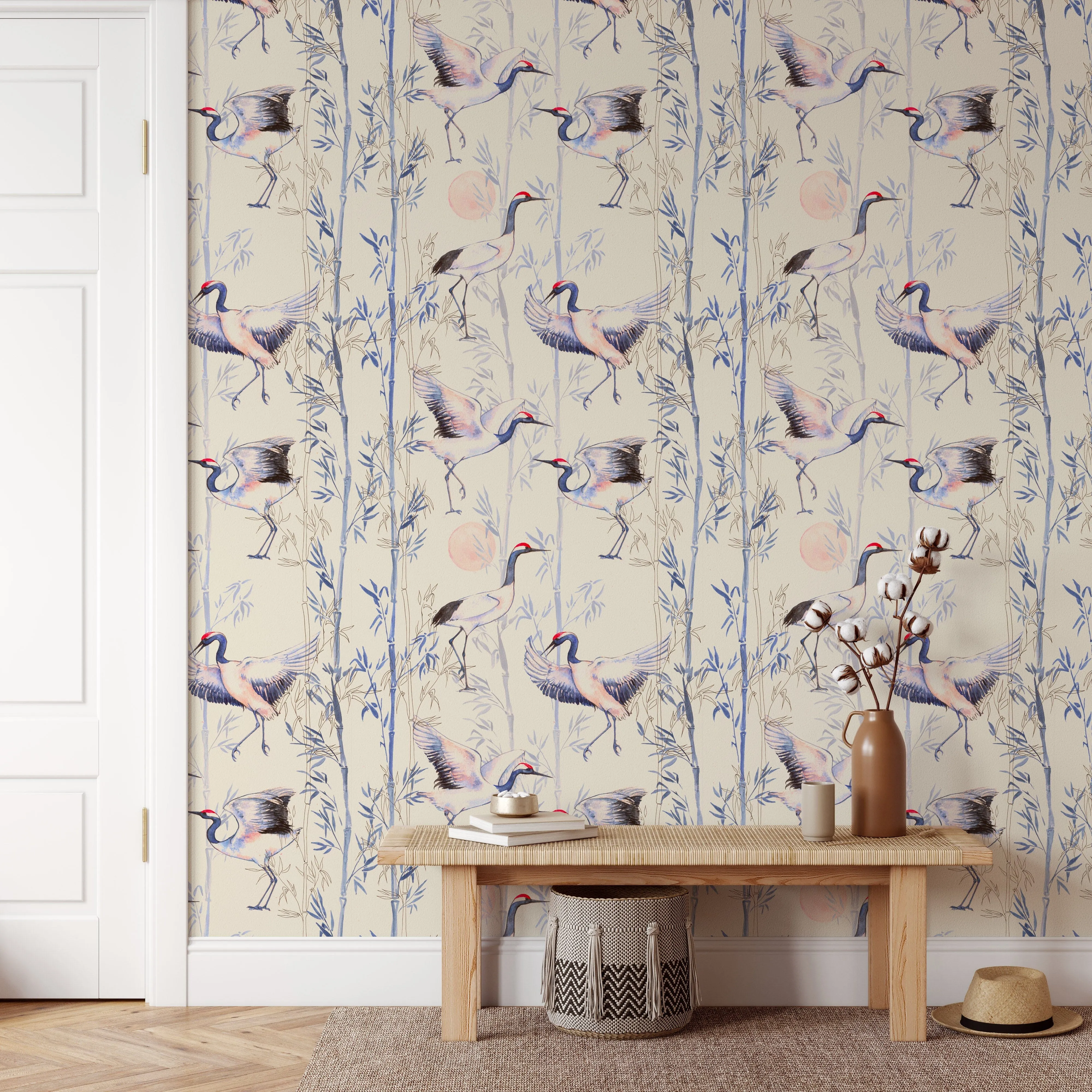 Hand Drawn Watercolor Japanese Cranes Wallpaper