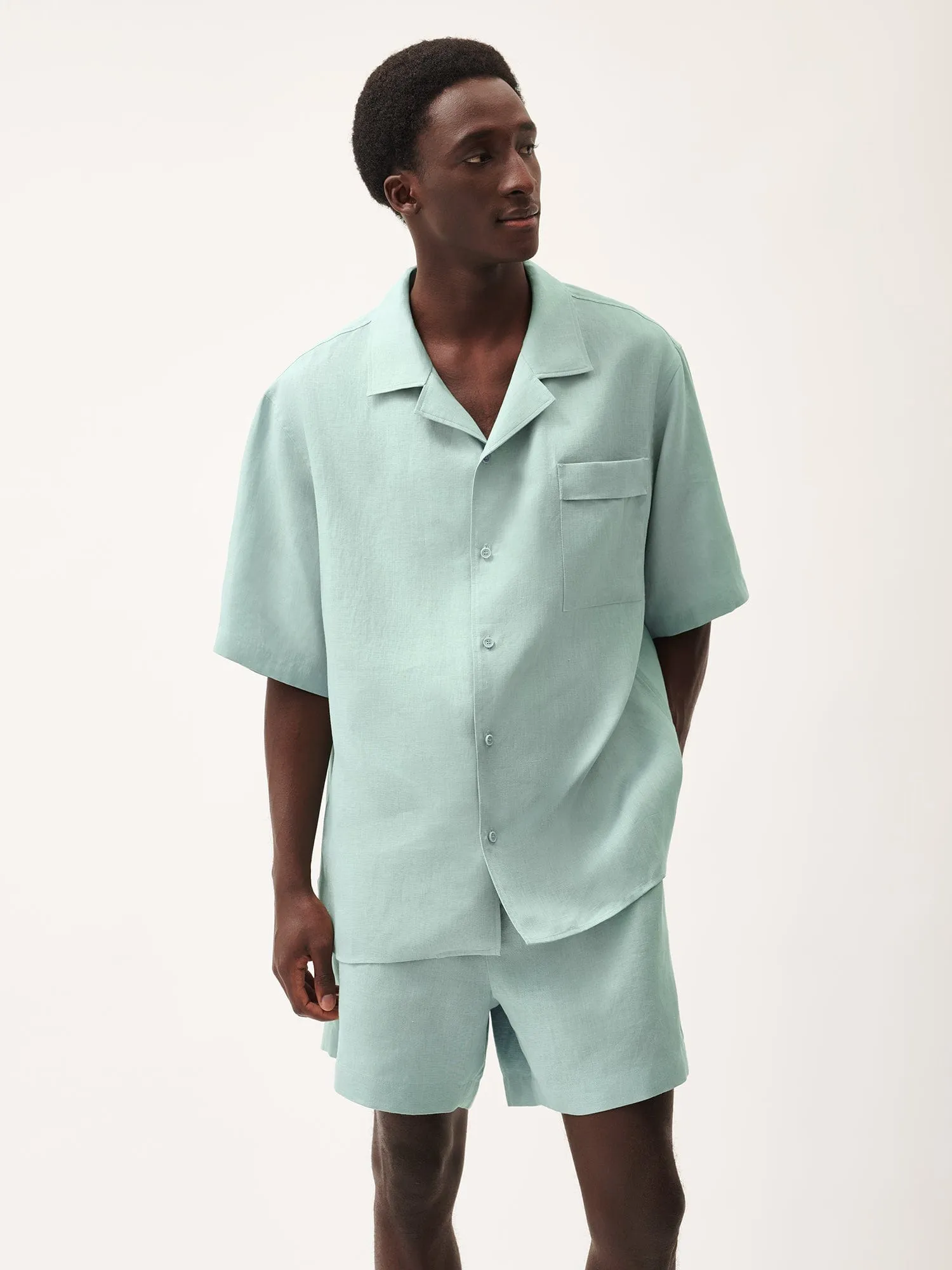 Mens Aloe Linen Camp Collar Shirteucalyptus blue