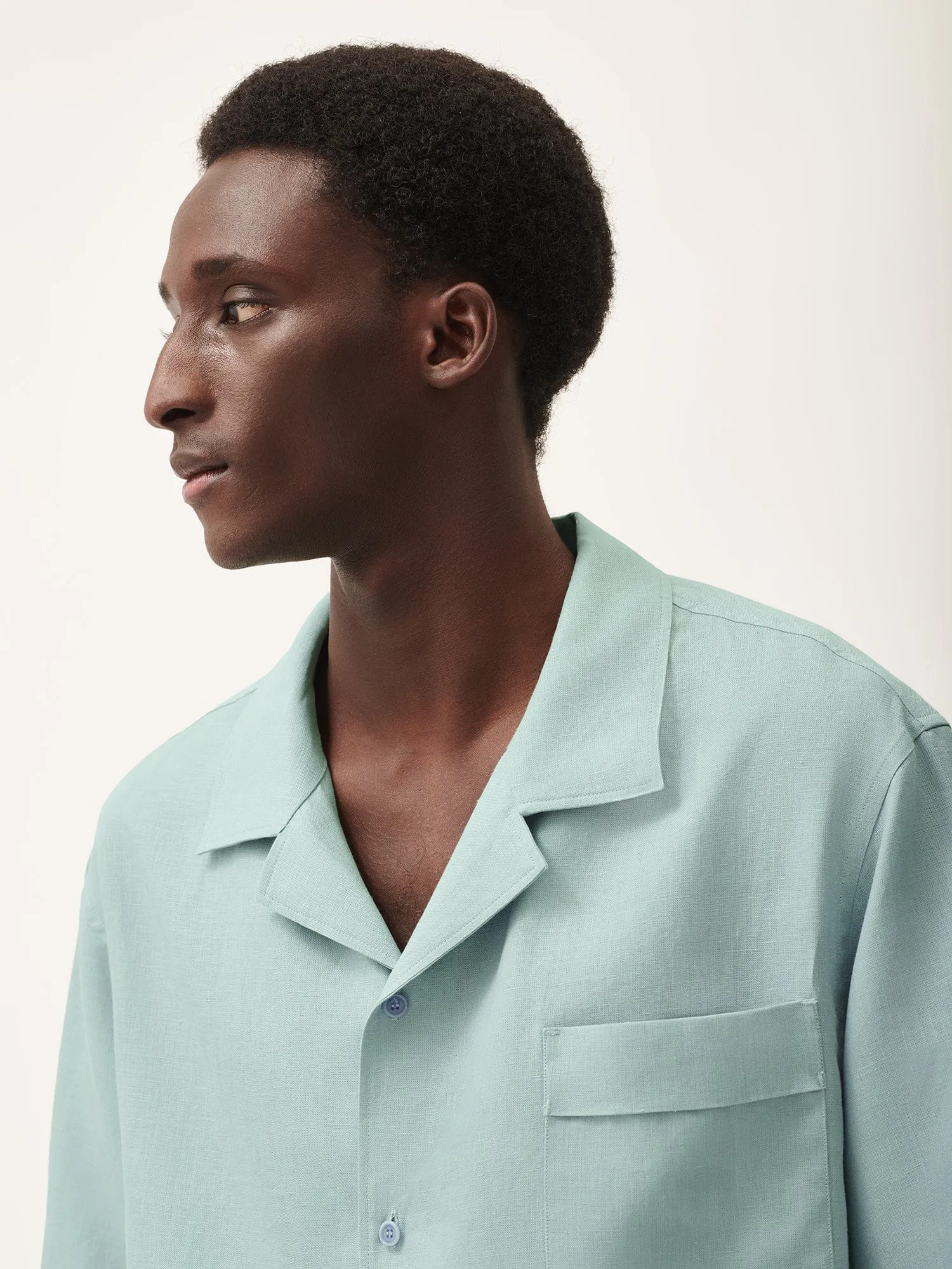 Mens Aloe Linen Camp Collar Shirteucalyptus blue