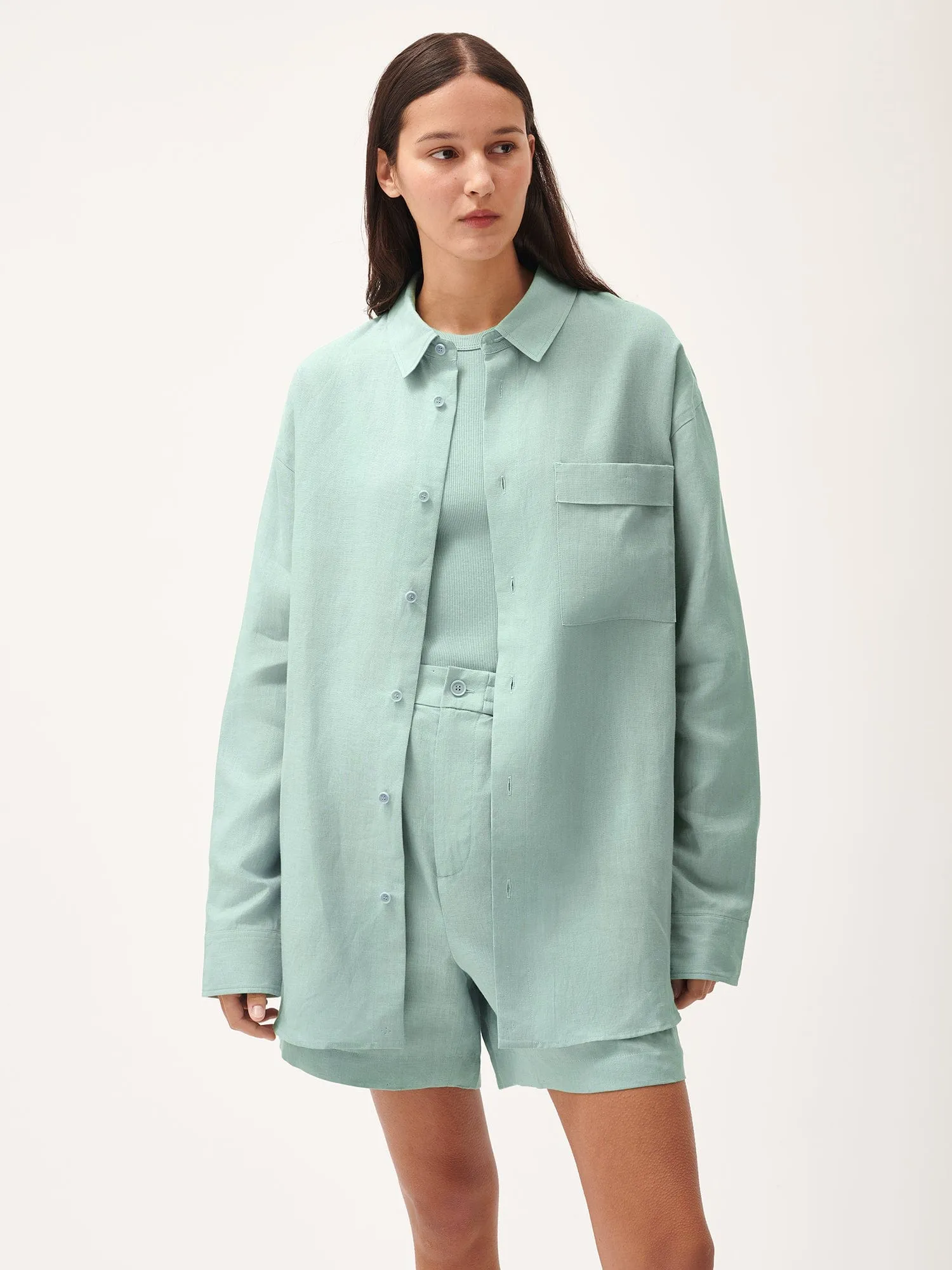 Womens Aloe Linen Collared Long Sleeve Shirteucalyptus blue